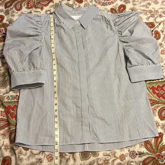 FRAME DENIM Ruched Puff Sleeve Shirt Blouse White with Black Stripes - Picture 12 of 12